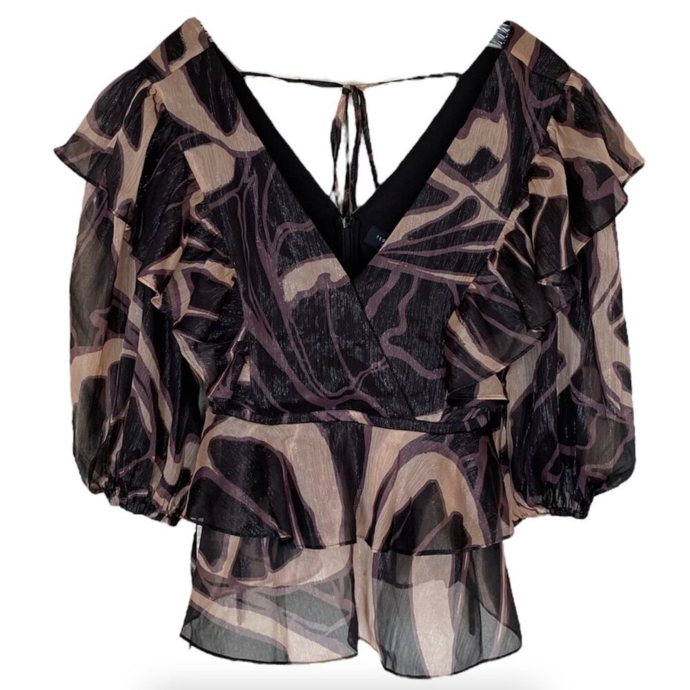 TED BAKER LONDON Jasmyna Metallic Purple/Black Ruffle Shimmer Top Medium - Picture 3 of 7